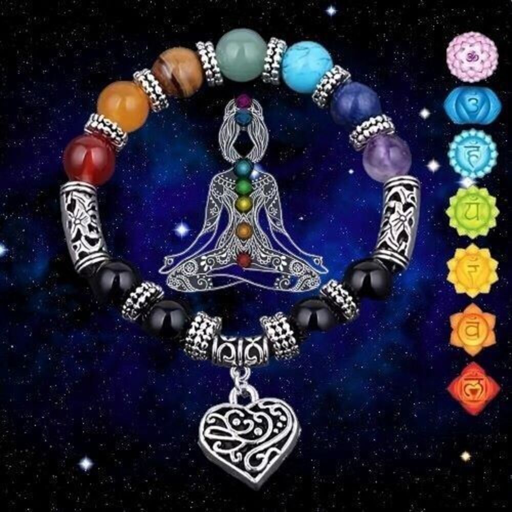 7 Chakra Natural‎ Stone Heart Bracelet Yoga Beads Healing Balance Meditation
